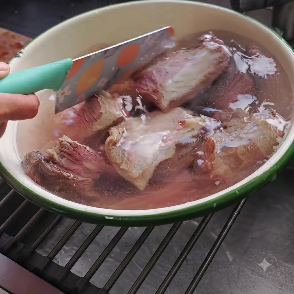 緑色の縁取りがある深いボウルの中で、お湯に浸されている茹でた牛肉の塊。