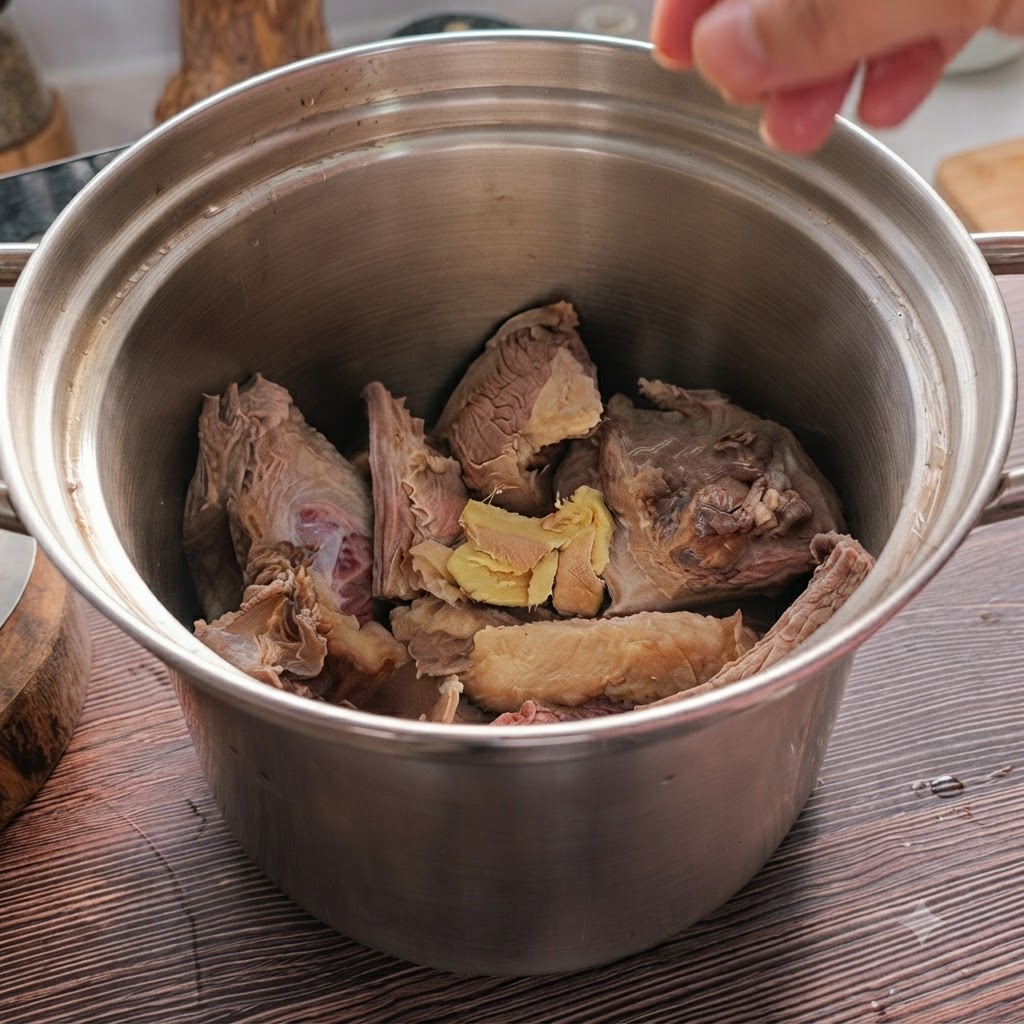 煮込み用に準備された、ステンレス製の鍋の中にある牛肉の塊と生姜のスライス。