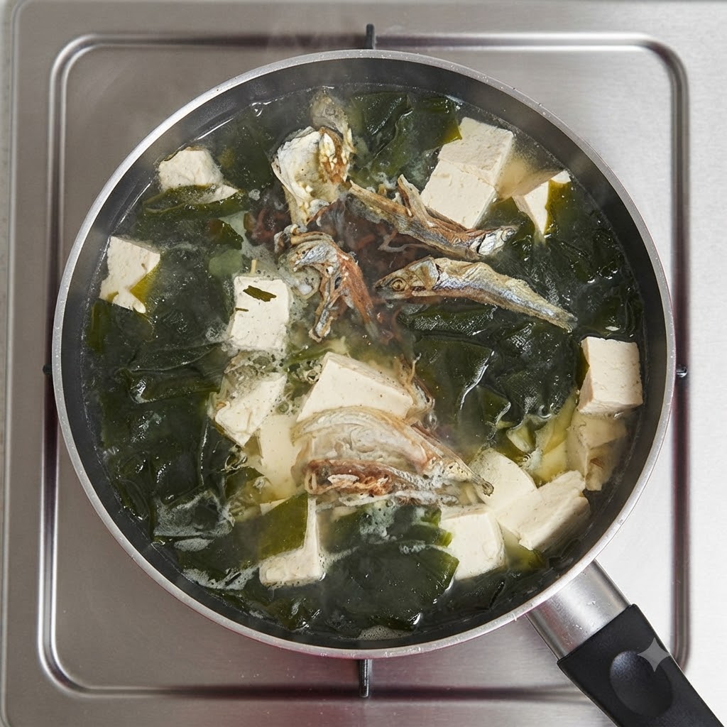 煮込み中のスープの鍋にだし粉末が振りかけられているところ。