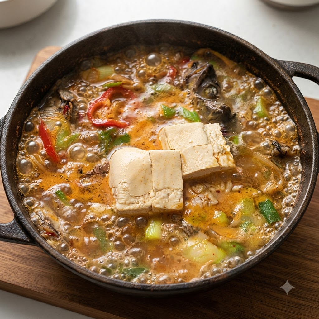 最後の調理段階として、グツグツ煮えるタラスープの中で白豆腐のブロックが浮かんでいる状態。