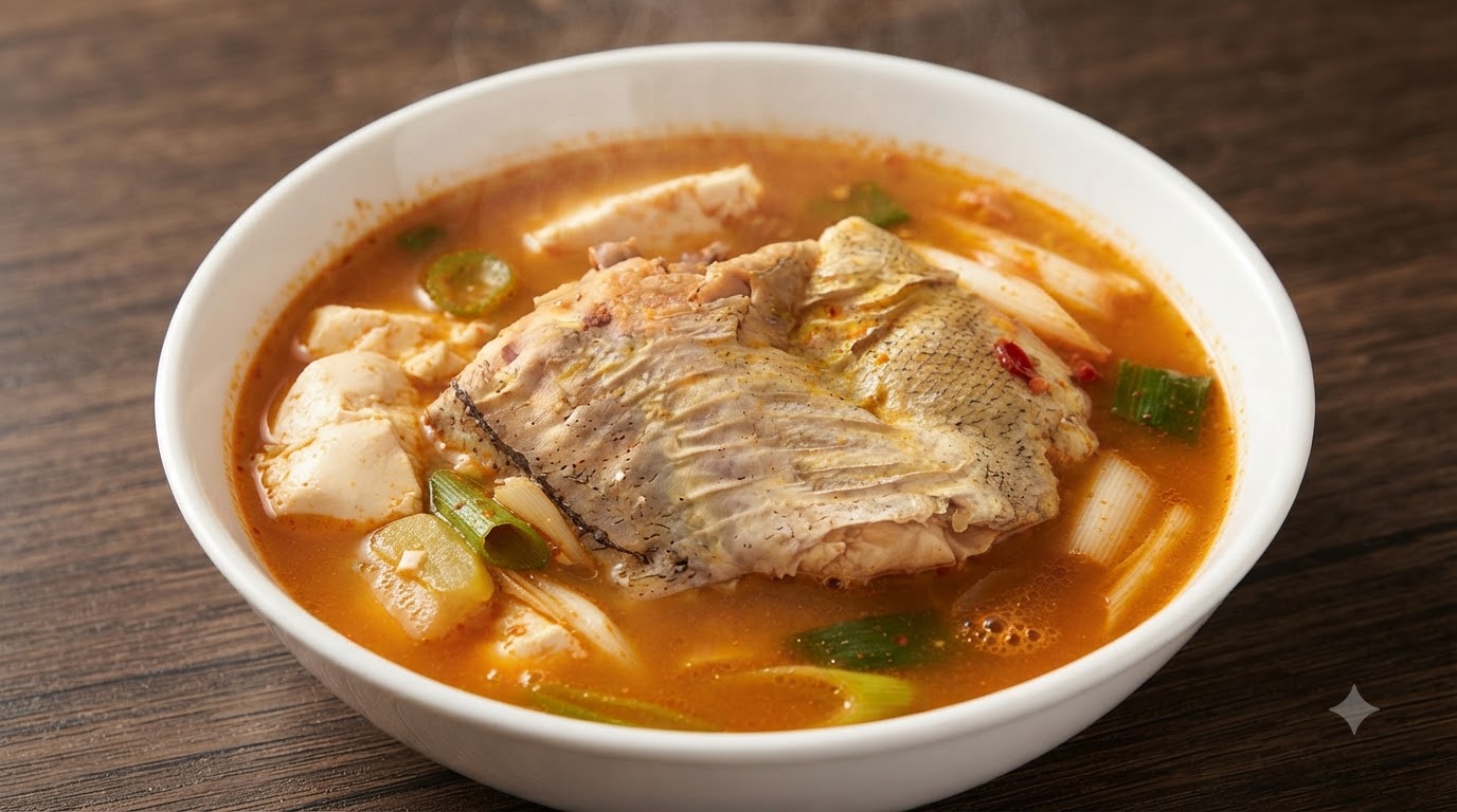 柔らかな豆腐や白身魚の切り身が入り、コクのあるピリ辛スープで満たされた温かいタラスープの器。