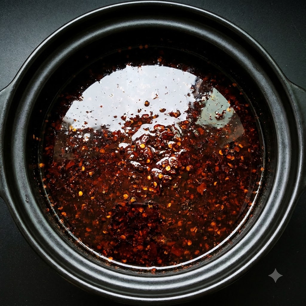 土鍋の中の濃い赤色のスープに醤油を注いでいる様子。