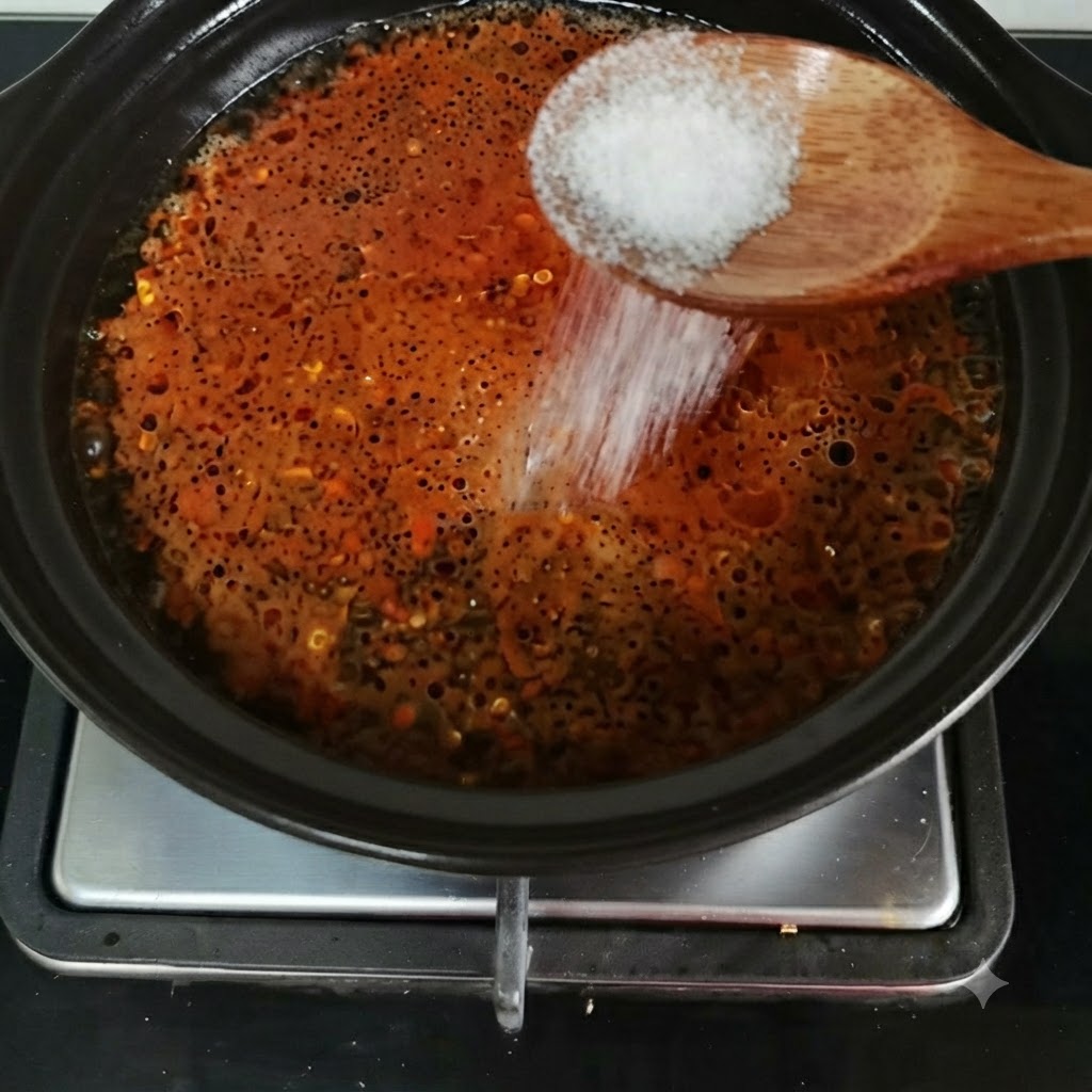 木のスプーンから、赤く味付けされた沸騰中の鍋に塩を入れている様子。