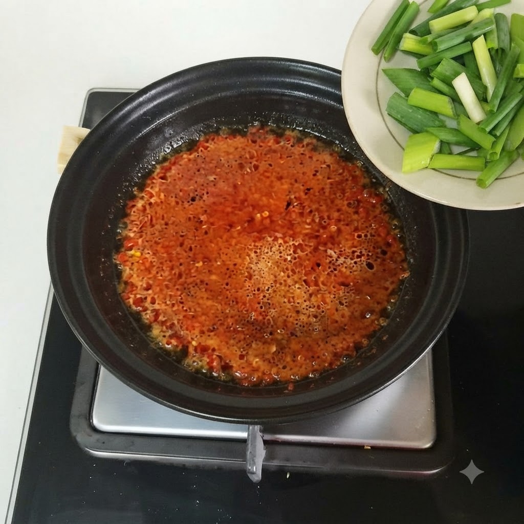 スパイスの効いた煮込みスープの入った鍋に、白い皿から刻んだ新鮮な青ねぎを入れている様子。