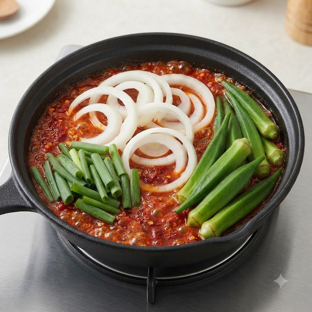 スパイスの効いたスープが入った黒い鍋の中に、スライスした白玉ねぎや野菜が綺麗に並べられている様子。