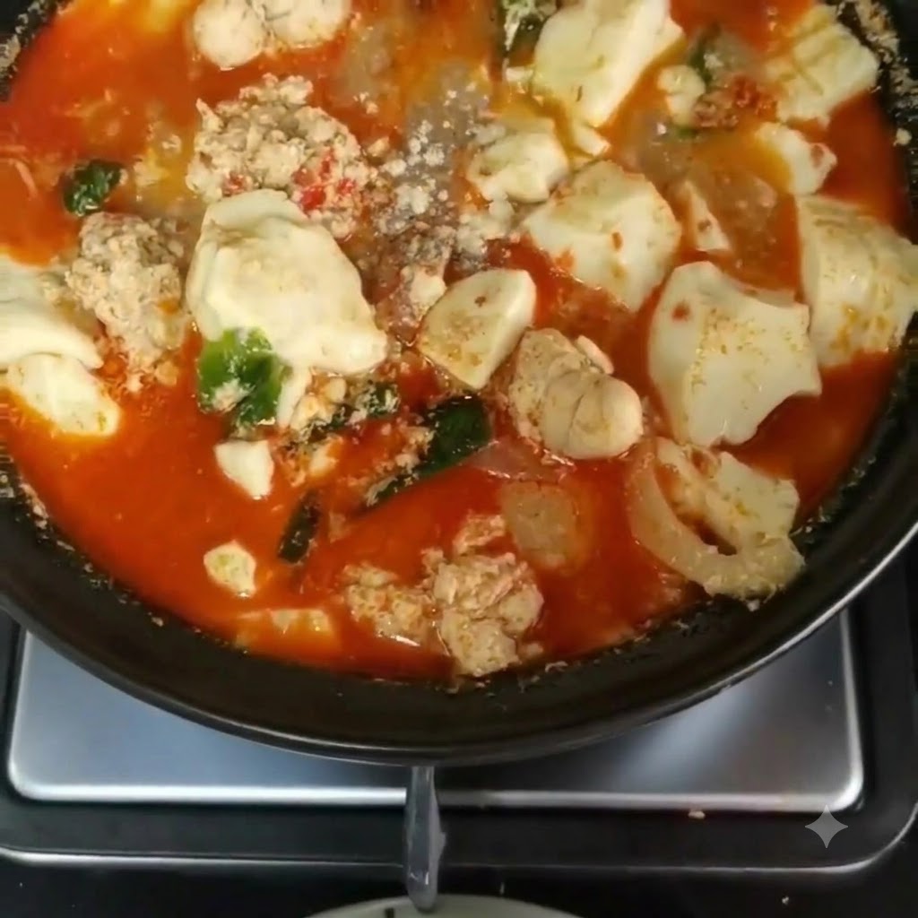 明太子、絹豆腐、ピリ辛の赤いスープが入った煮込み鍋に胡椒パウダーを振りかけている様子。