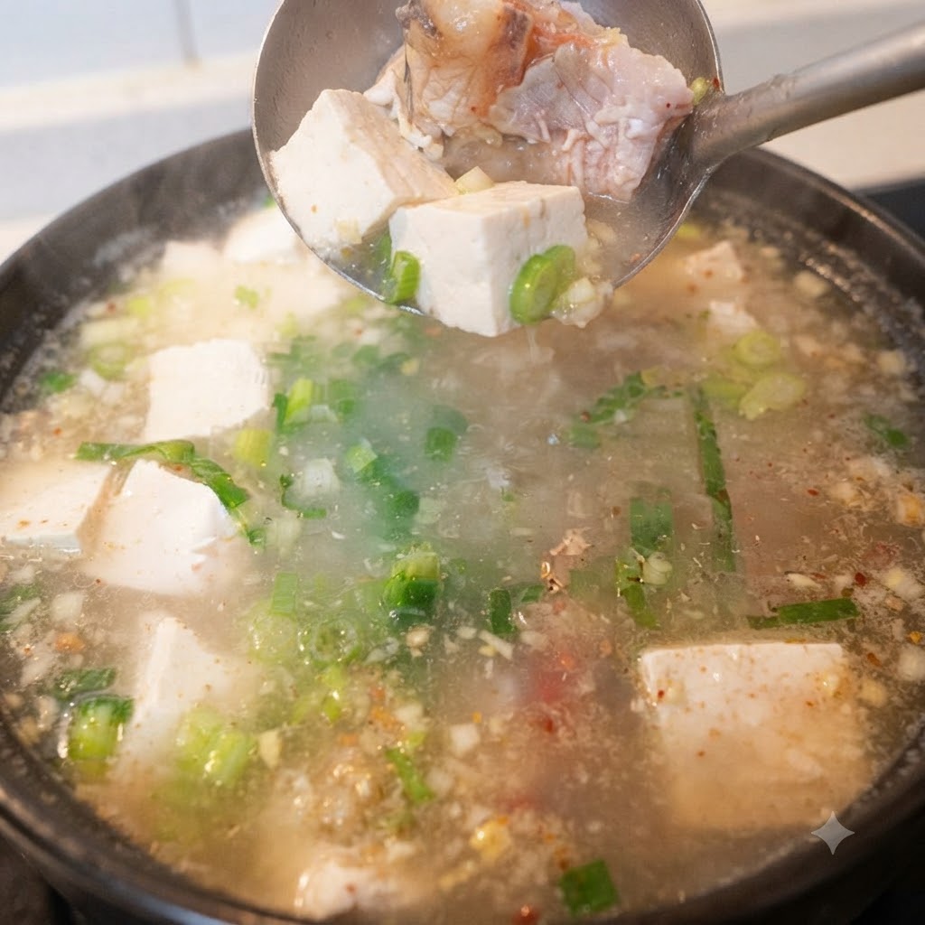 用汤勺将豆腐块放入正在炖煮的鱼汤锅中。
