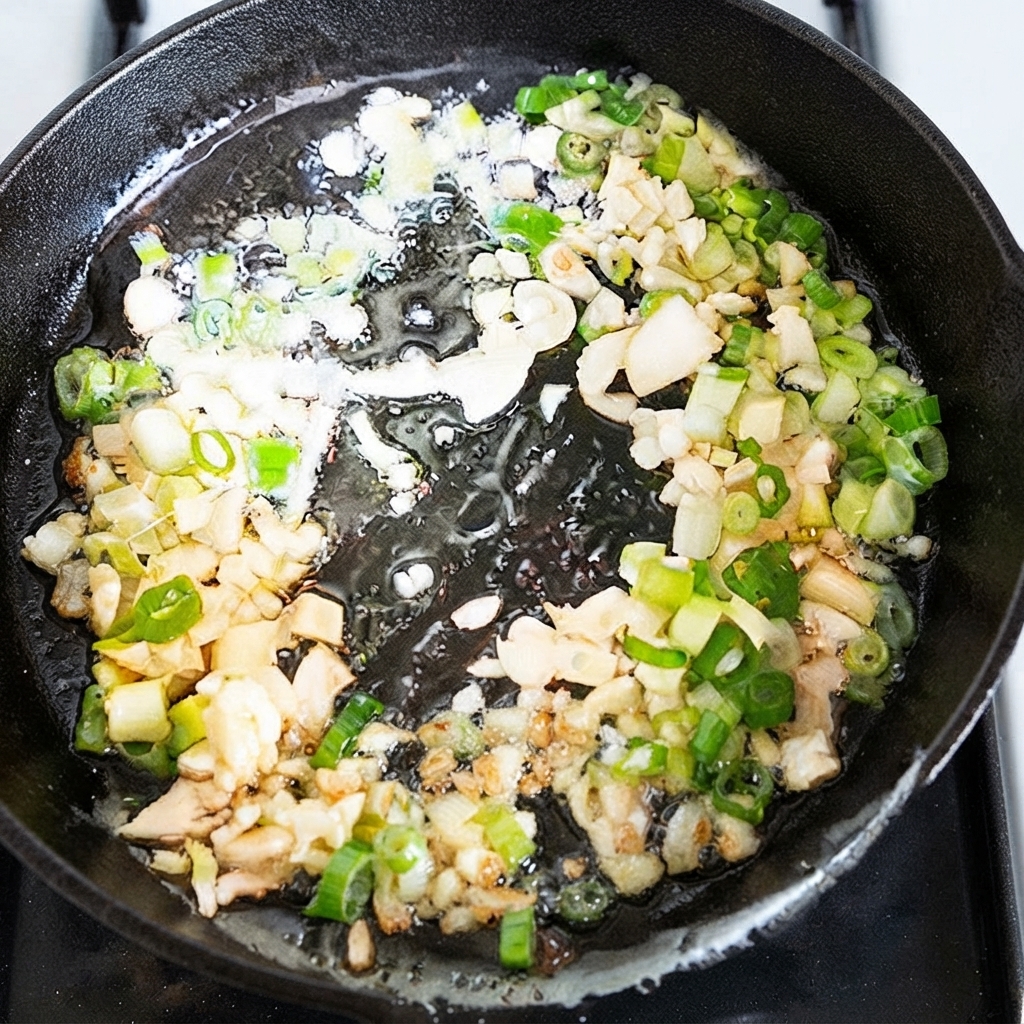 葱花、蒜末和姜片在黑色平底锅的热油中滋滋作响。