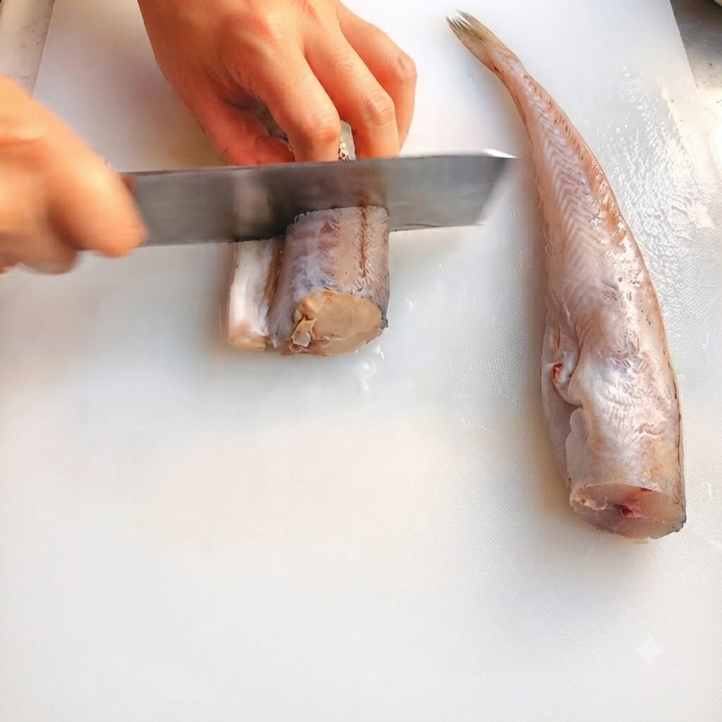 白いまな板の上で包丁を使って食べやすい大きさに切られているアラスカスケソウダラ。