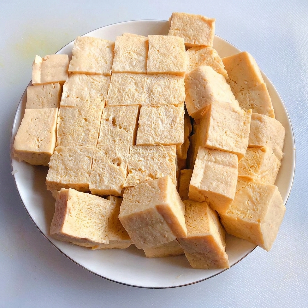 白い皿の上にきれいに並べられた、一口大に切った木綿豆腐。