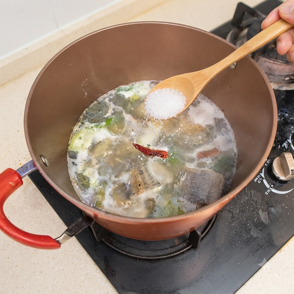 グツグツと煮立つ魚のスープに、木製のスプーンで塩と白コショウを入れているところ。