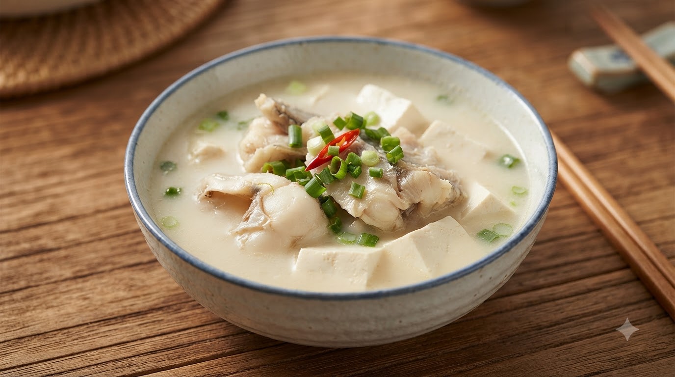 ネギを散らした、乳白色のスケソウダラと豆腐のスープが入った陶器のボウル