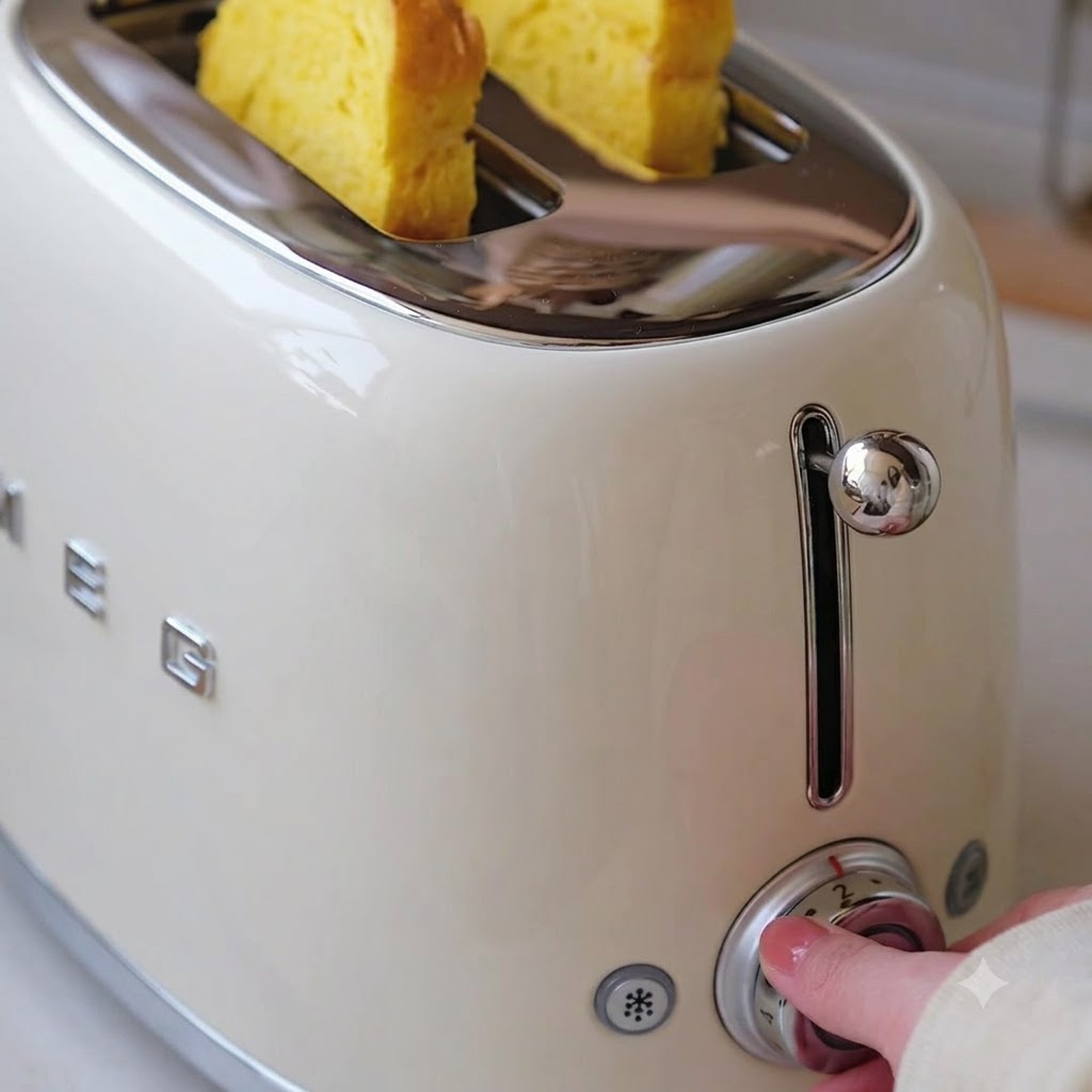 ダイヤルがセットされたクリーム色のトースターの中に入ったパンプキントースト。