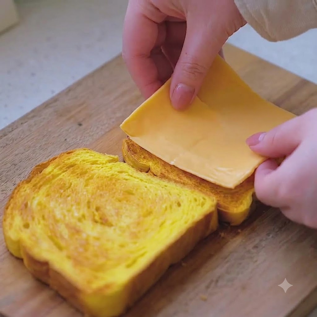 木のまな板に置かれた、温かいトーストの上に黄色いスライスチーズが2枚のせられている様子。
