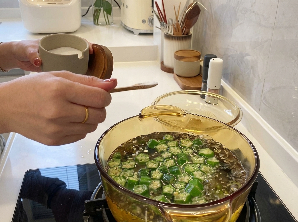 スライスした緑色のオクラが入った耐熱の透明な鍋に、塩をスプーンで加えている手。