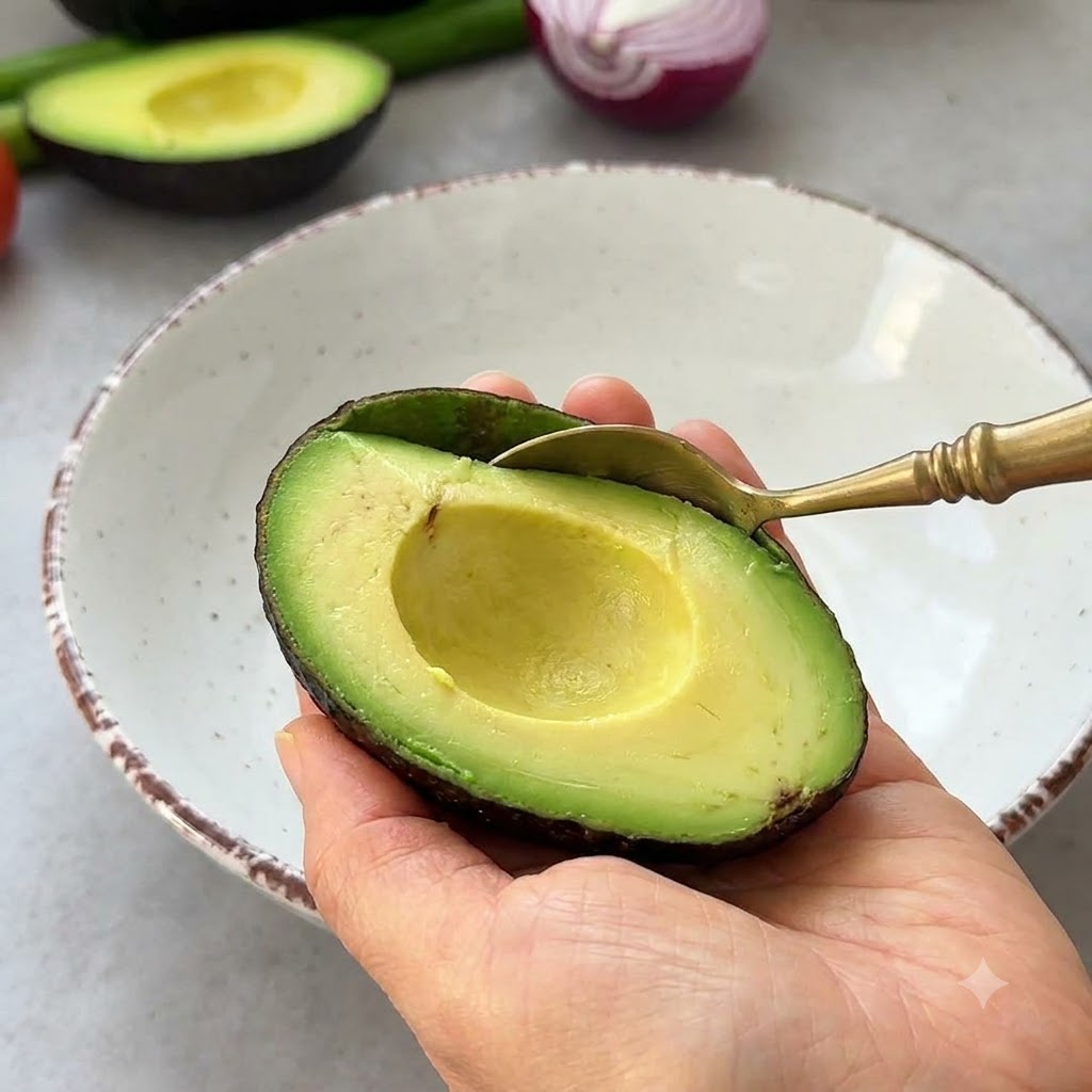 半分に切ったアボカドを手に持ち、スプーンで果肉をすくってボウルに入れている様子。
