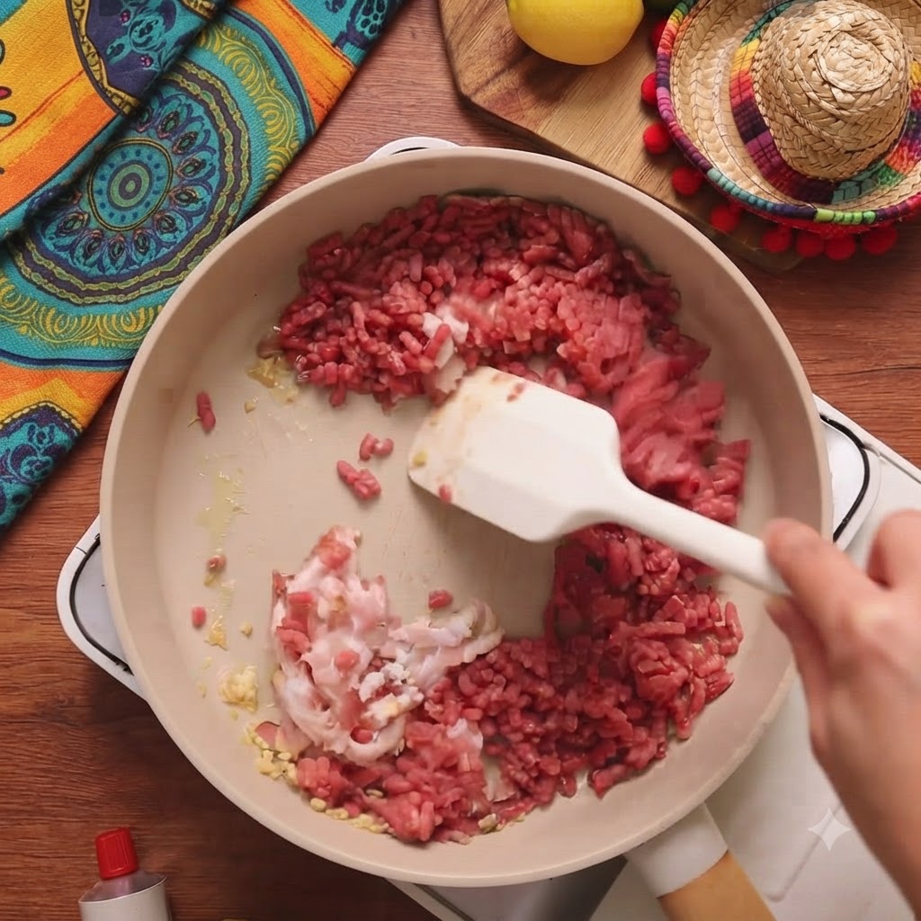 にんにくの入ったフライパンに、刻んだベーコンと生の牛ひき肉を入れているところ。
