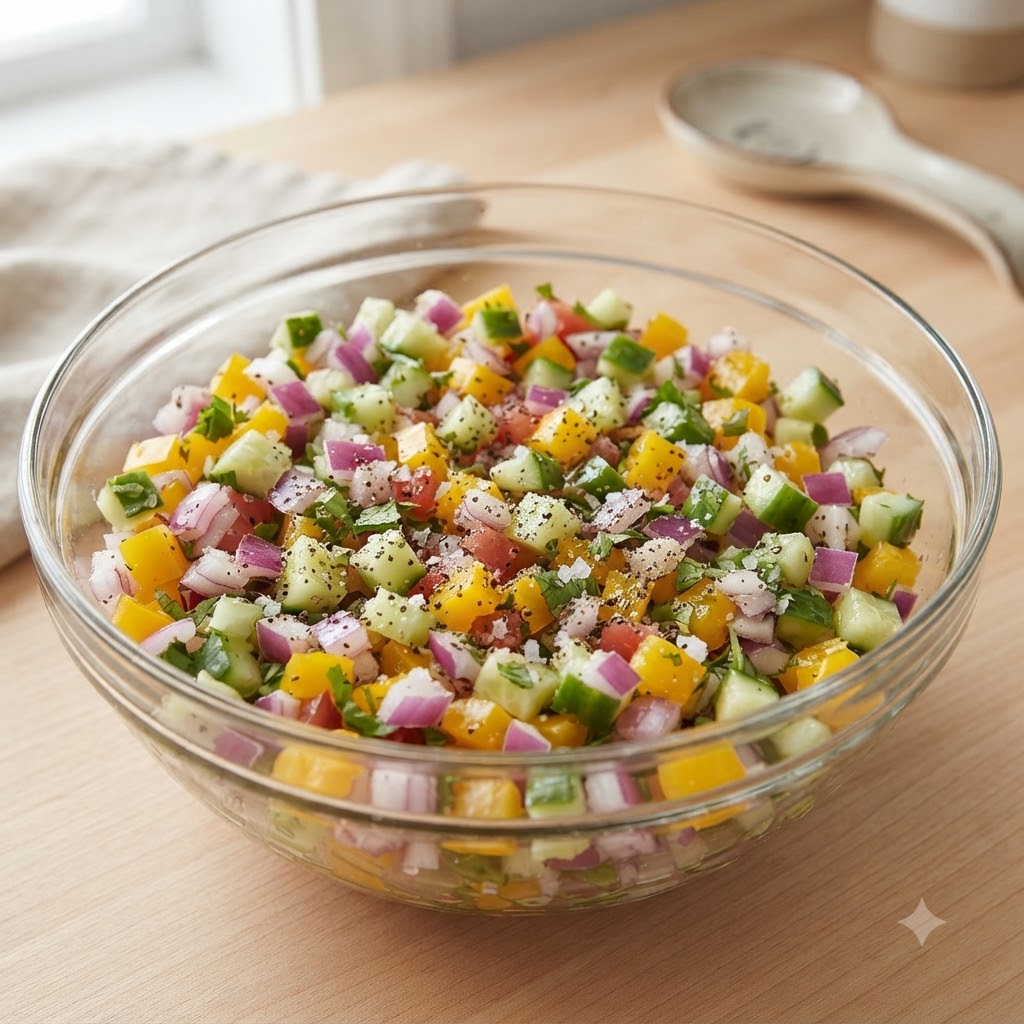 みじん切りのにんにく、塩、コショウ、オリーブオイルが、角切り野菜のボウルに振りかけられている様子。