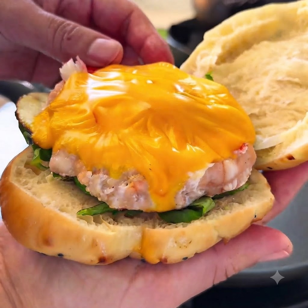 スライスされたバーガーバンズの中に、新鮮なレタスとチーズがのった調理済みパティが入っている様子。