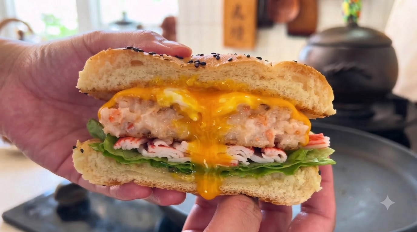 海老ペーストとカニカマの目玉焼きバーガー