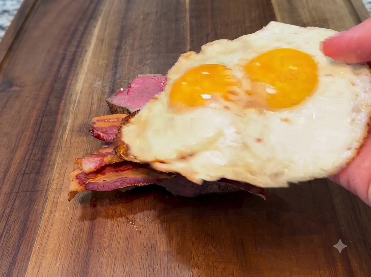 ベーコンの層の上に2つの目玉焼きを乗せている様子。
