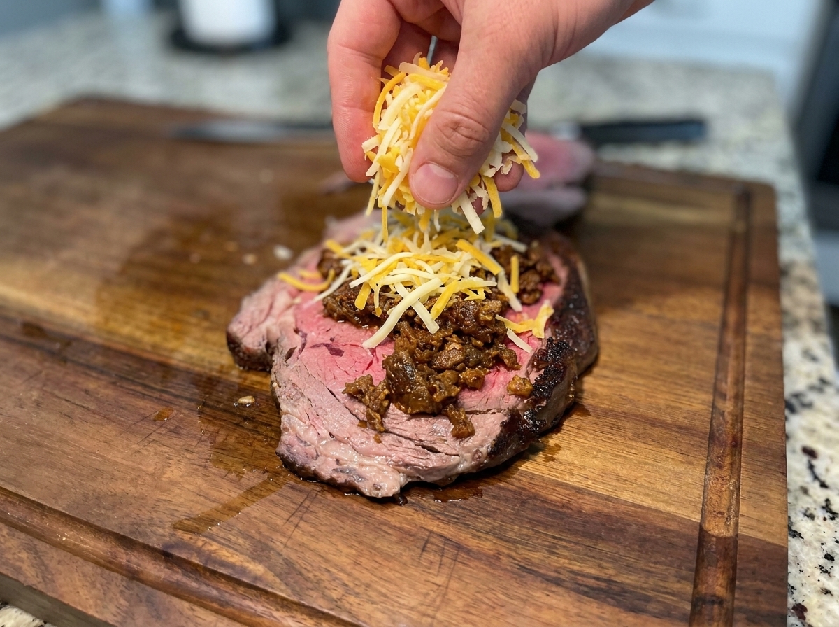 味付け調理された牛ひき肉のスプーン1杯を、チーズを乗せたステーキの上に重ねている様子。