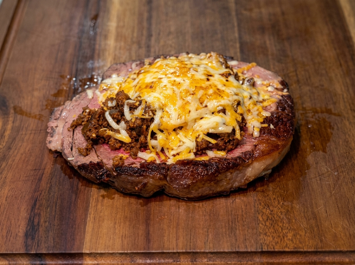 ステーキの上の牛ひき肉を覆う、溶けたシュレッドチーズの様子。