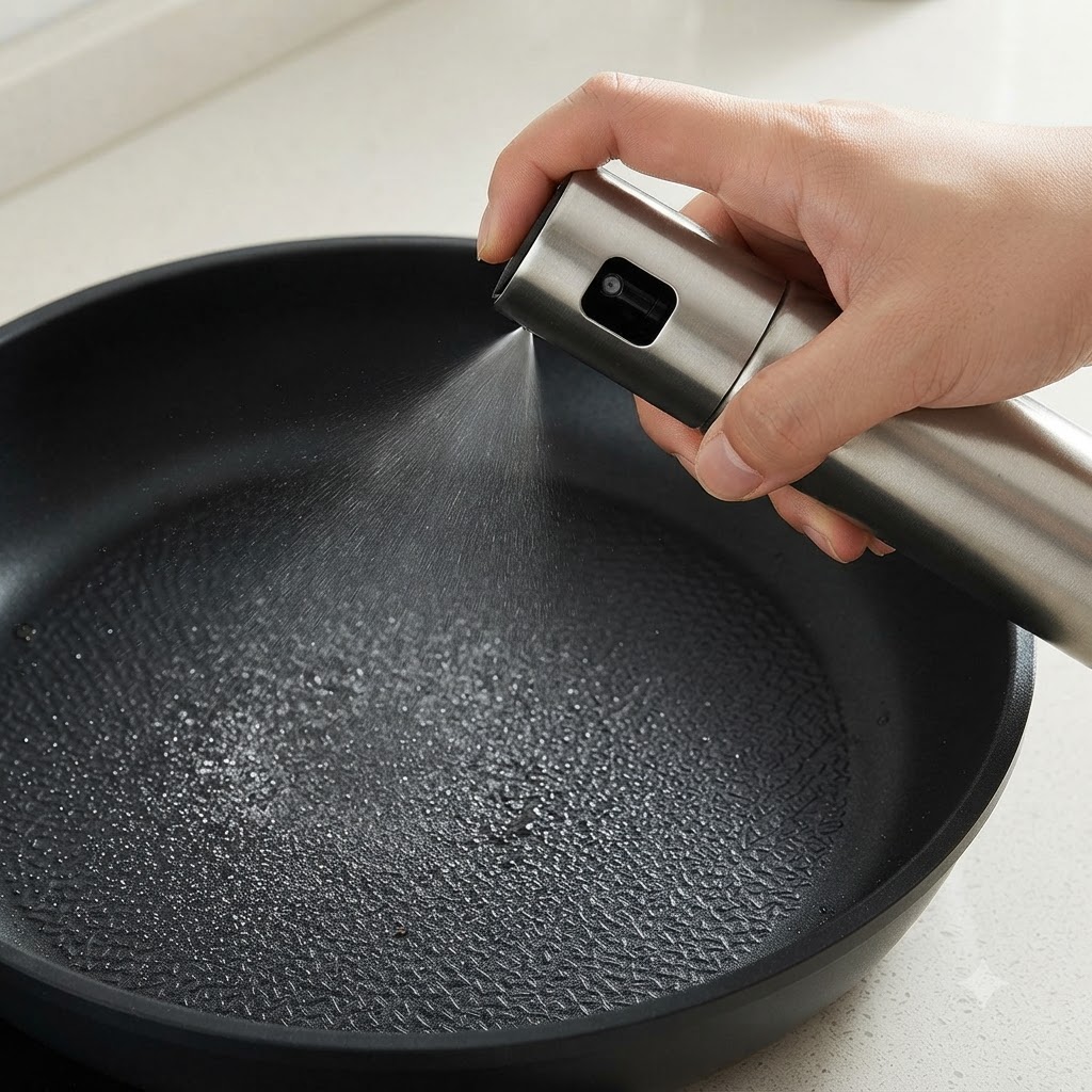 黒いフライパンの底面に調理油を霧状にスプレーしている手。