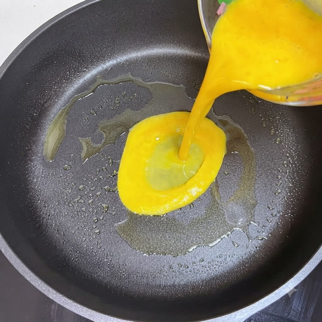 透明な計量カップから鮮やかな黄色の溶き卵が熱したフライパンに注がれている様子。