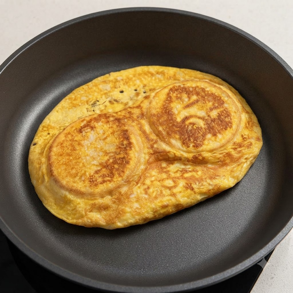 フライパンの中で、焼き上がった黄金色の卵シートが2つのバーガーバンズを包み込むように折りたたまれている様子。