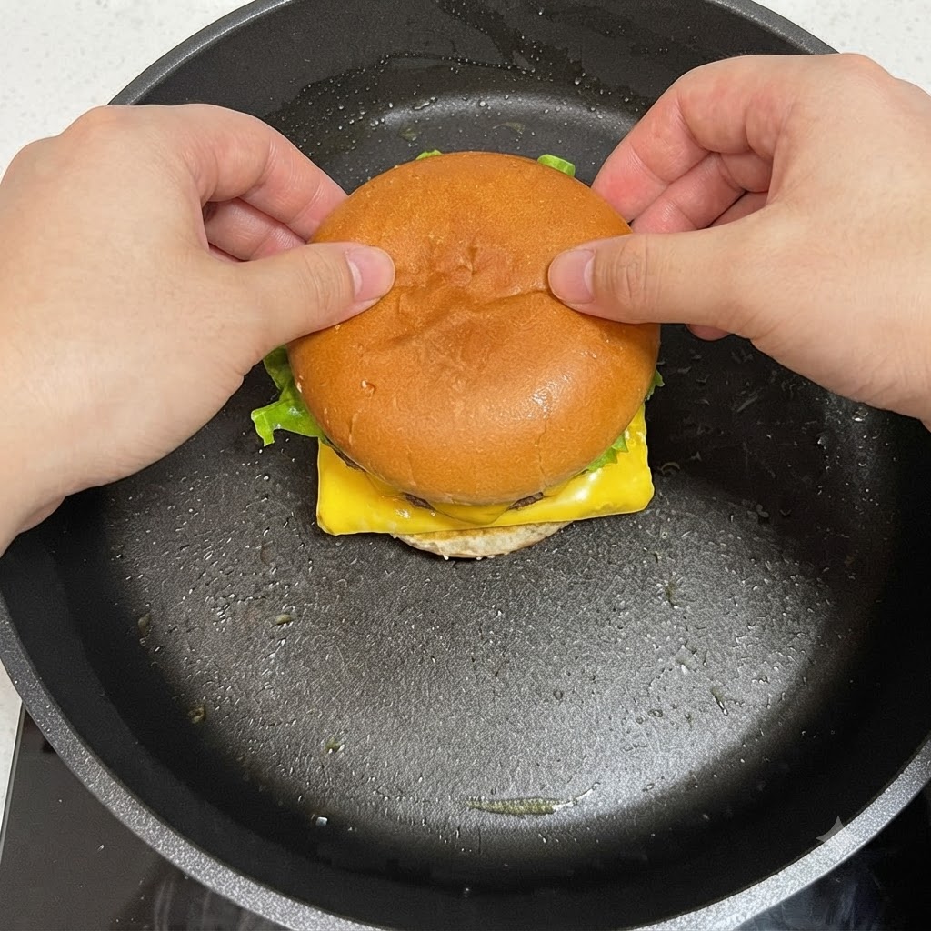 重なった具材の上に上側のバーガーバンズを置き、卵の端を周りに包み込んでいる手。