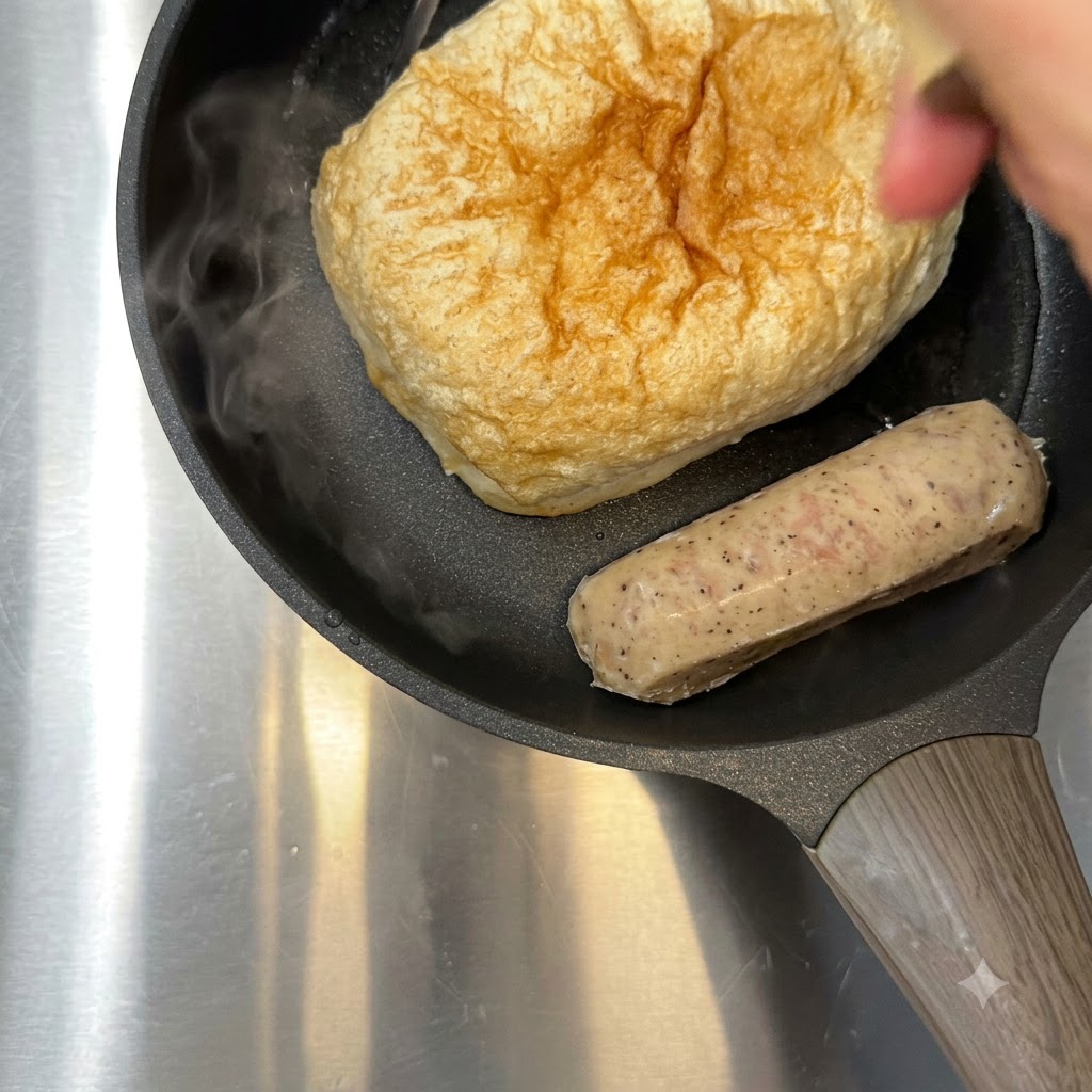 チバッタとソーセージの横にあるフライパンに熱湯が注がれている様子。