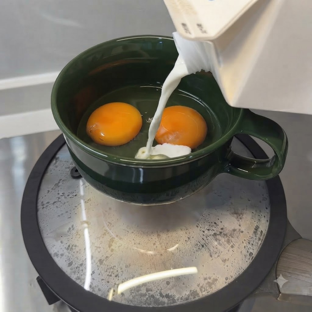 牛乳パックから卵の入ったボウルに牛乳が注がれている様子。