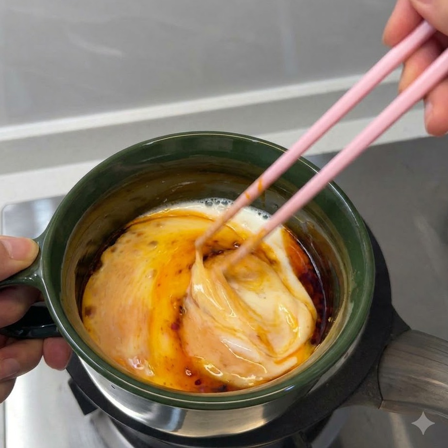 緑色のボウルの中で卵、牛乳、ラー油を箸で混ぜ合わせている様子。