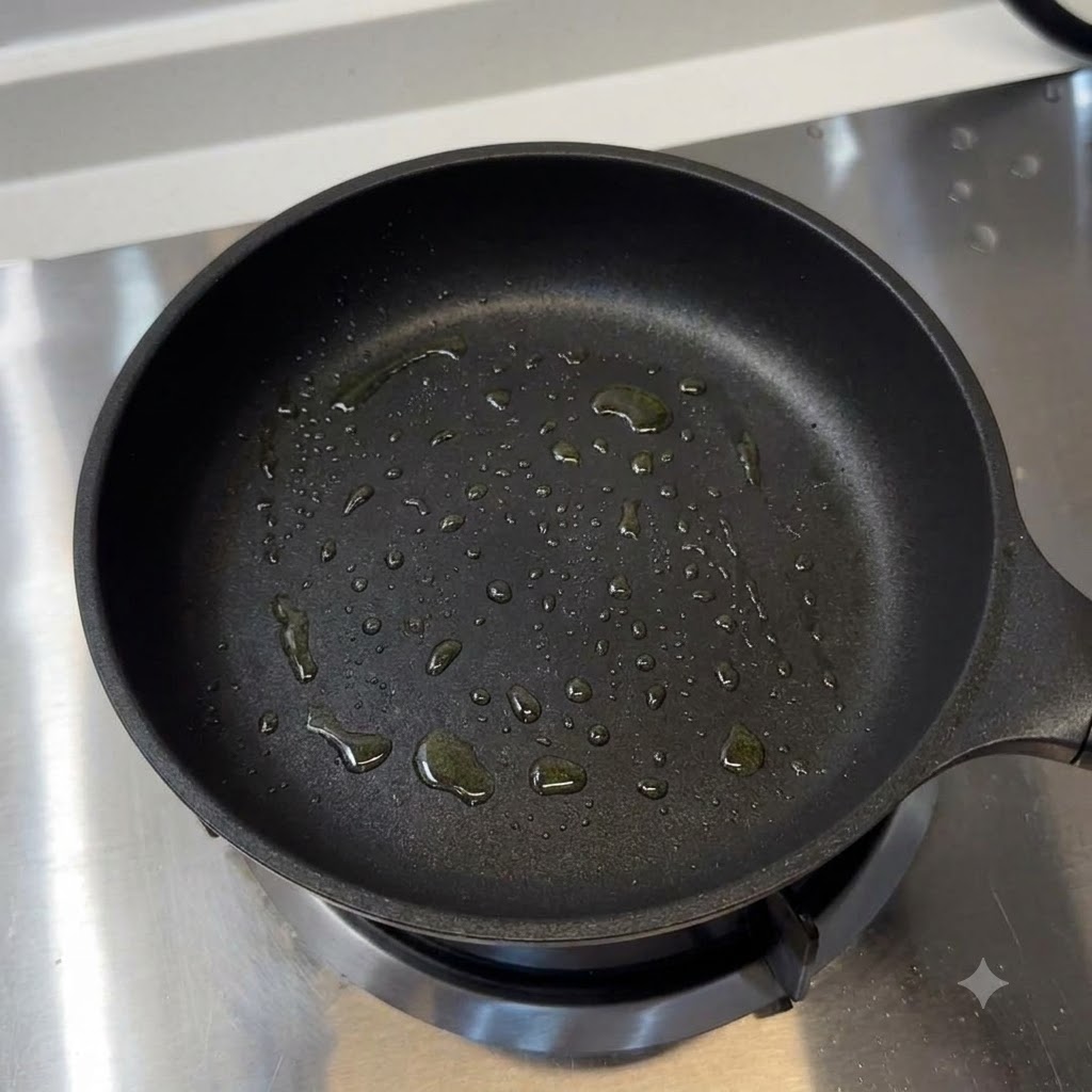 底面に油の滴が広がった油引きされたフライパン。