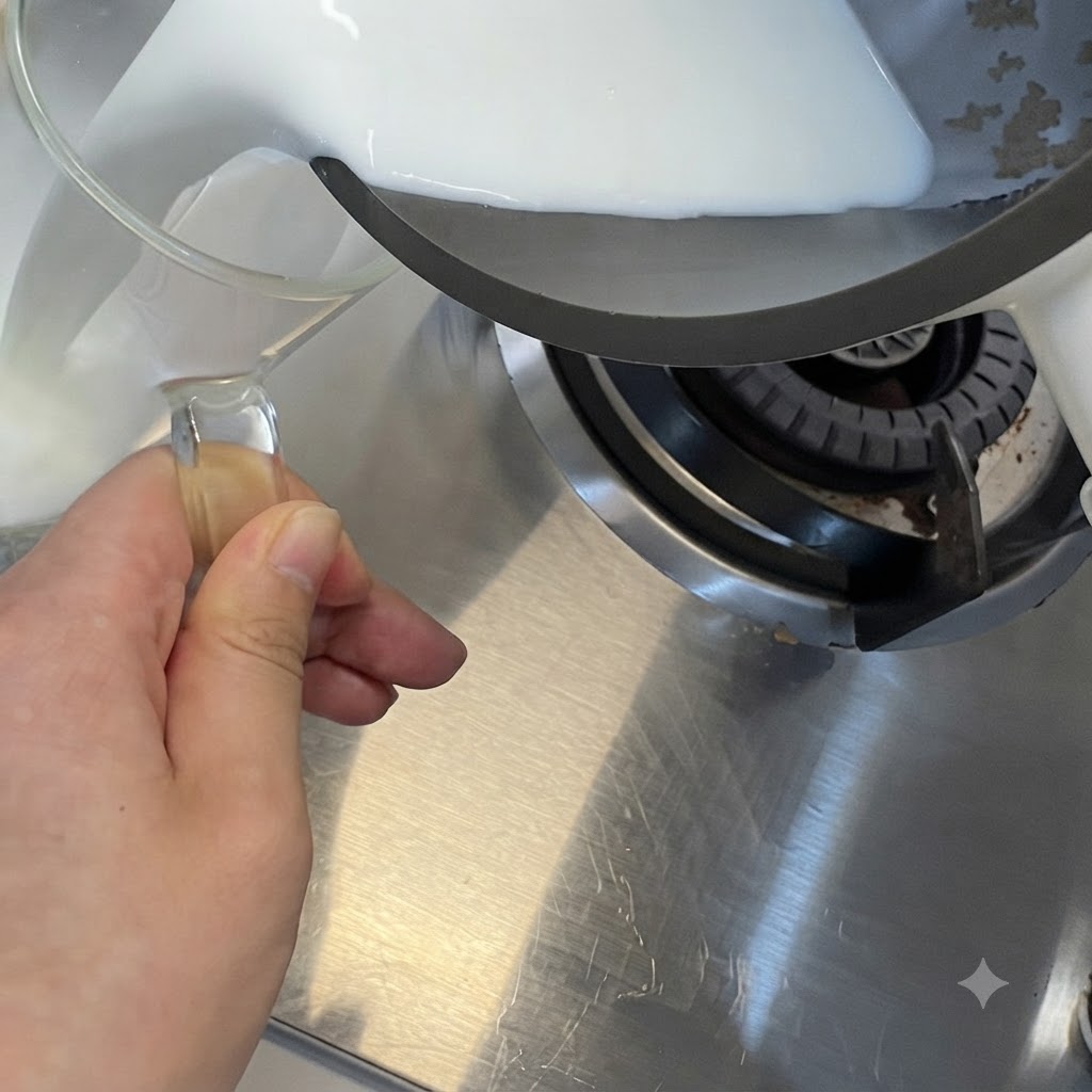 フライパンの中でスパチュラを使って卵液と材料が混ぜ合わされている様子。