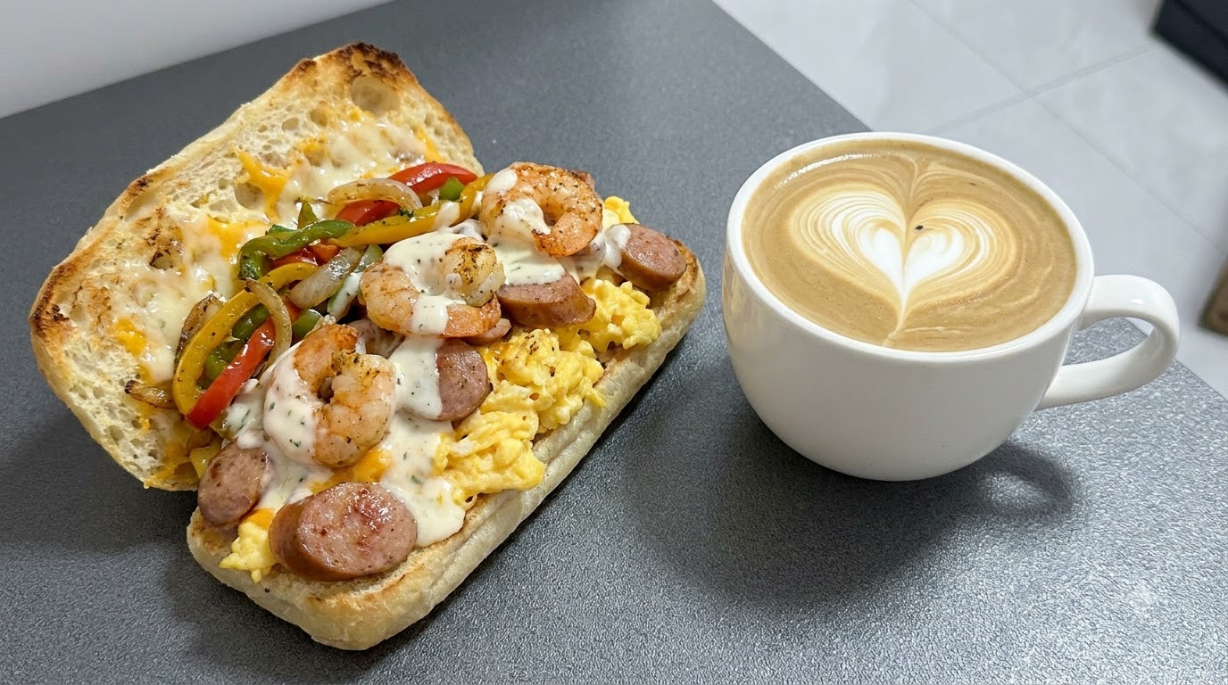 究極のチバッタブレッド朝食サンドイッチとコーヒー