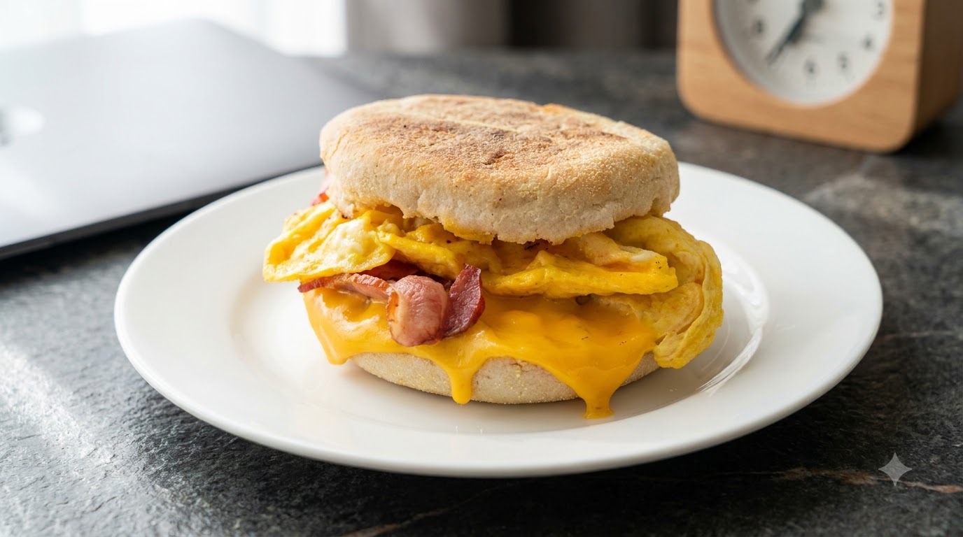 手作りイングリッシュマフィン朝食サンドイッチ