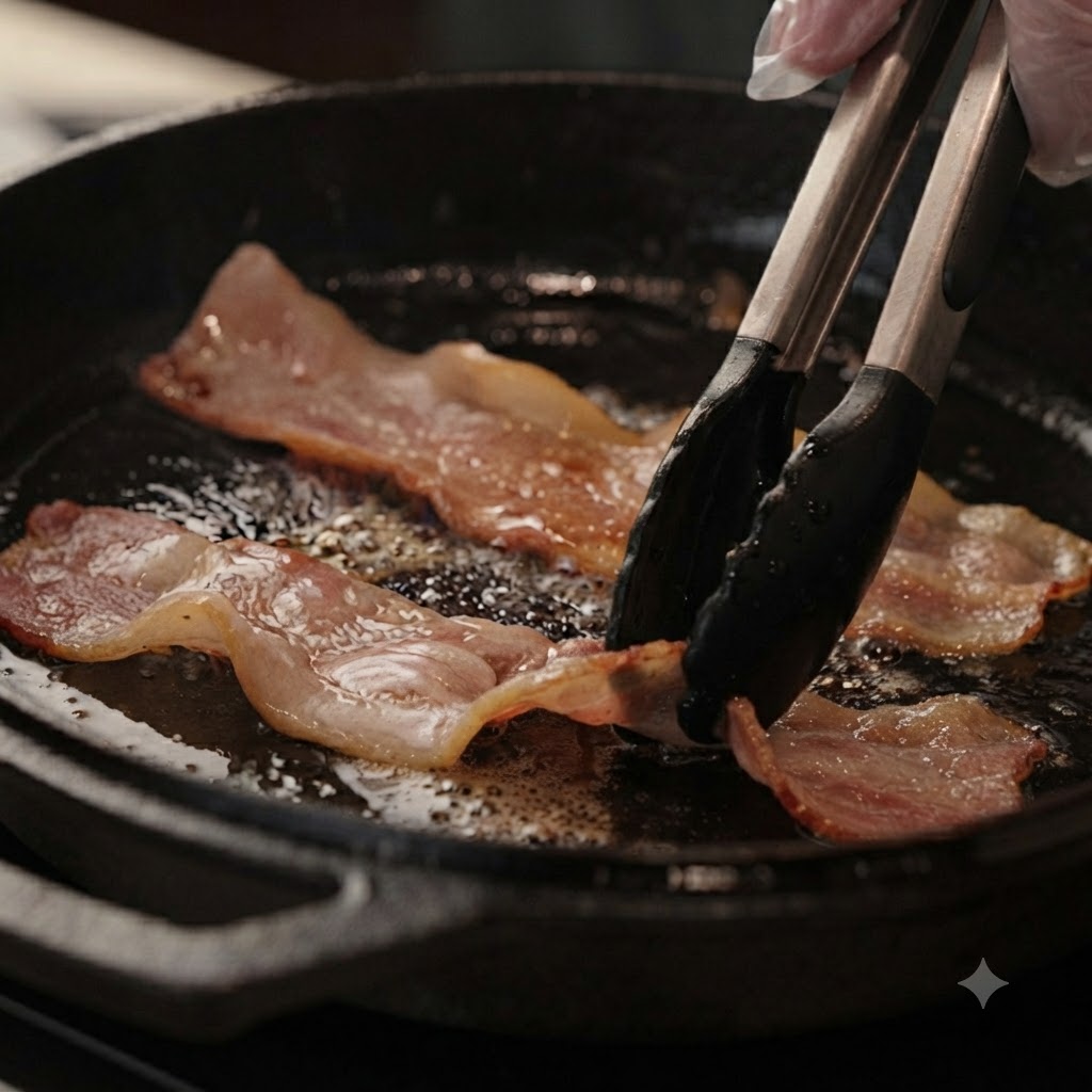 黒いキッチントングで扱われながら、熱い鋳鉄製スキレットで焼かれているベーコンのストリップ。