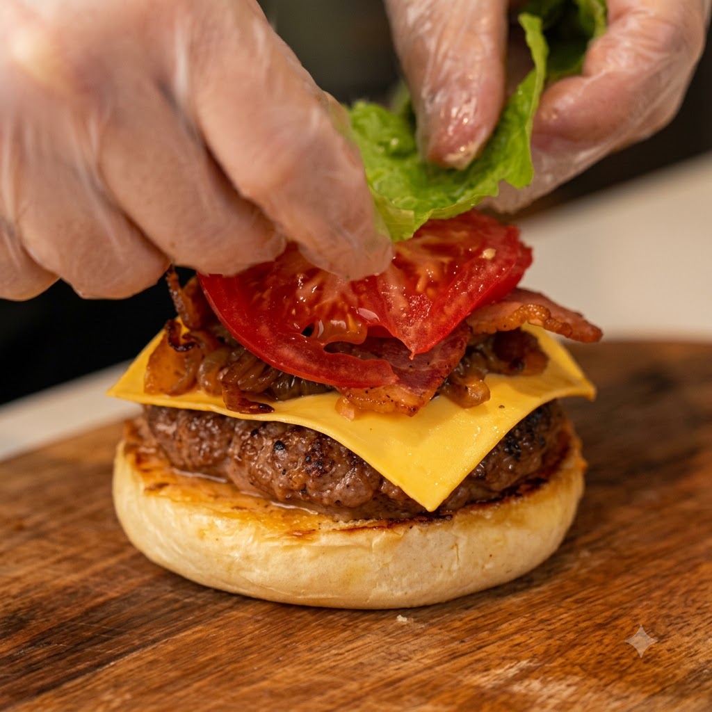 トマトのスライス、ベーコン、チーズ、ビーフパティの上に、新鮮な緑のレタスを置いている手。