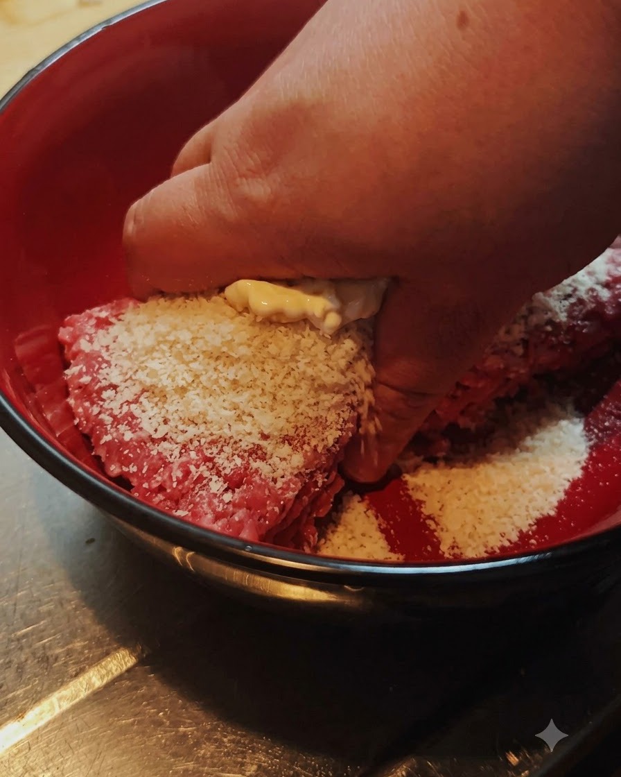 赤いボウルの中で、牛ひき肉、パン粉、調味料を手でしっかりと混ぜ合わせている様子。