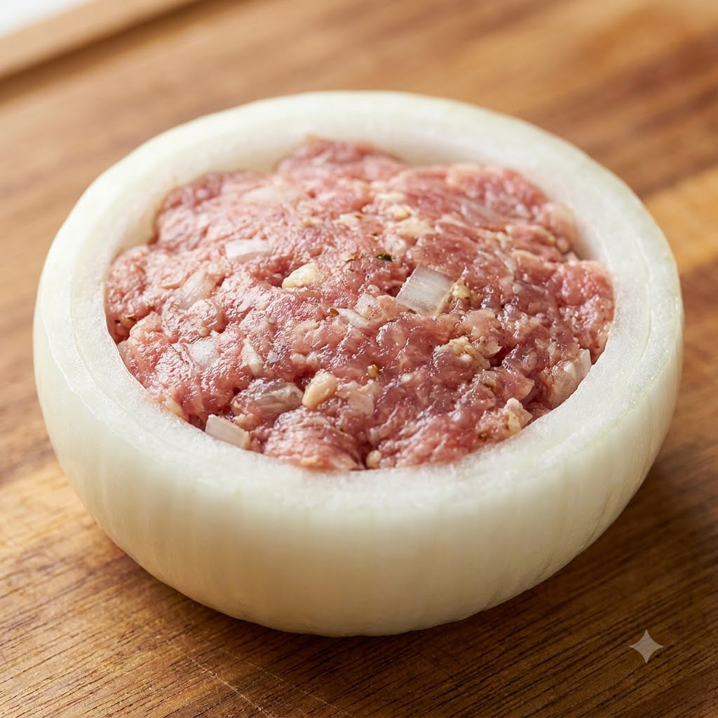 味付けした牛ひき肉を隙間なくきれいに詰めた、木製の台の上の肉詰めオニオンリング。