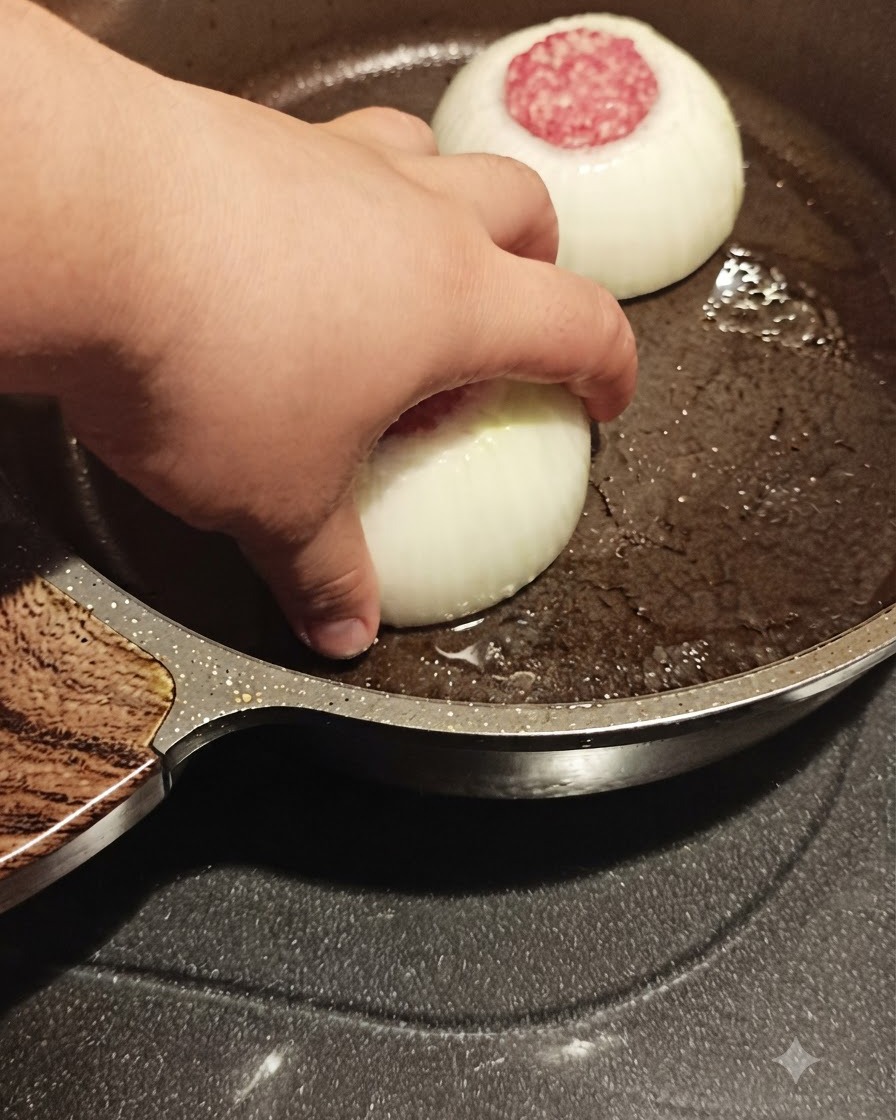 熱したフライパンに、細かく切った玉ねぎと一緒に肉詰めのオニオンリングを並べて置いている様子。