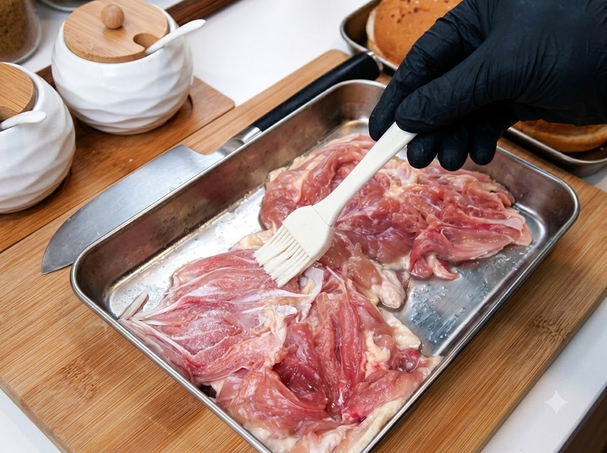手袋をした手がシリコンブラシを使い、トレイ上の鶏肉に調味料を広げている様子。