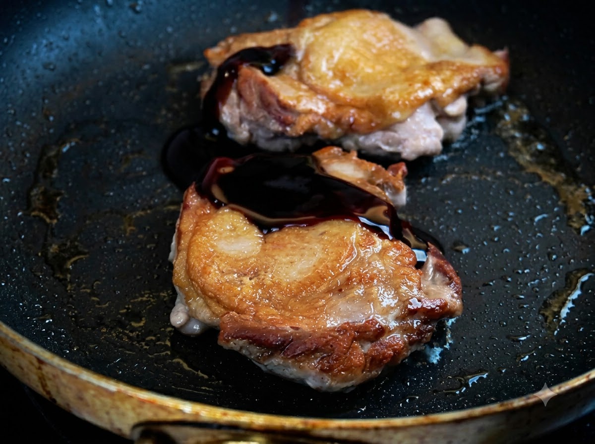 きつね色に焼けた鶏もも肉の上に、濃厚な色の照り焼きソースがかけられている様子。