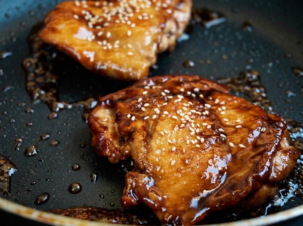 フライパンの中で照り焼きソースが絡んだ鶏もも肉に、白いごまが散りばめられているアップの様子。