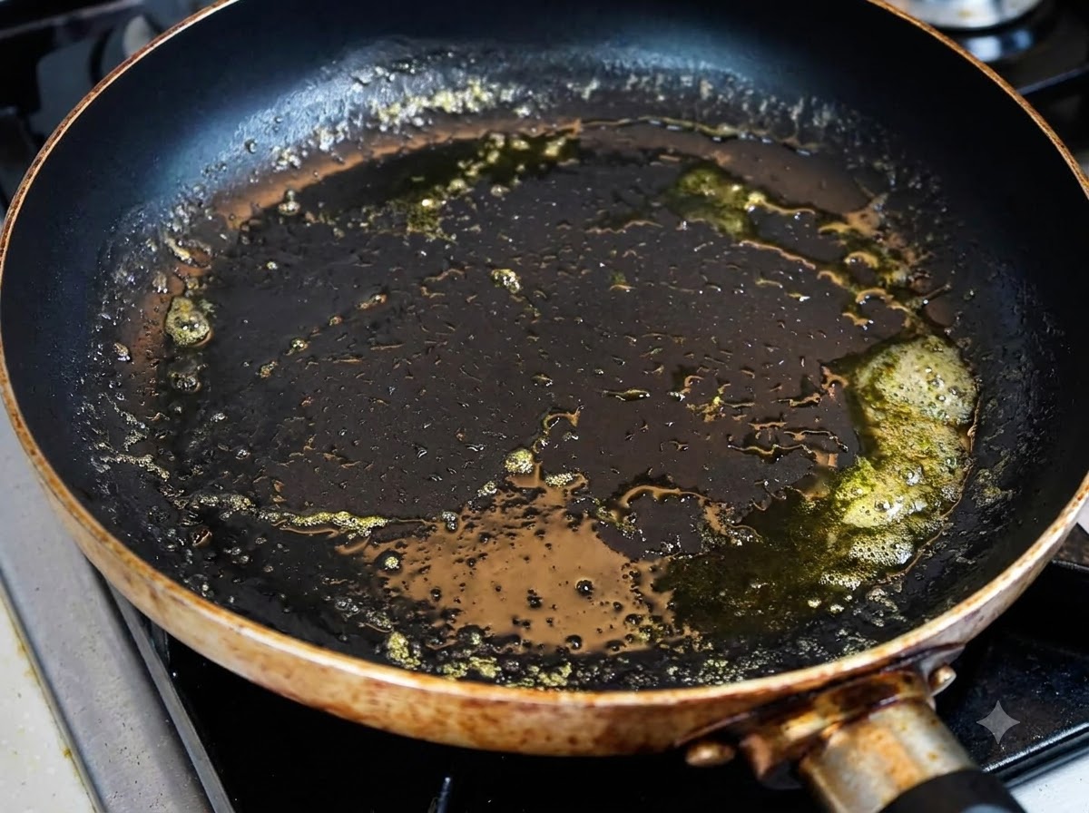黒いフライパンの中でバターが溶けて泡立っている、バンズをトーストする調理中の様子。