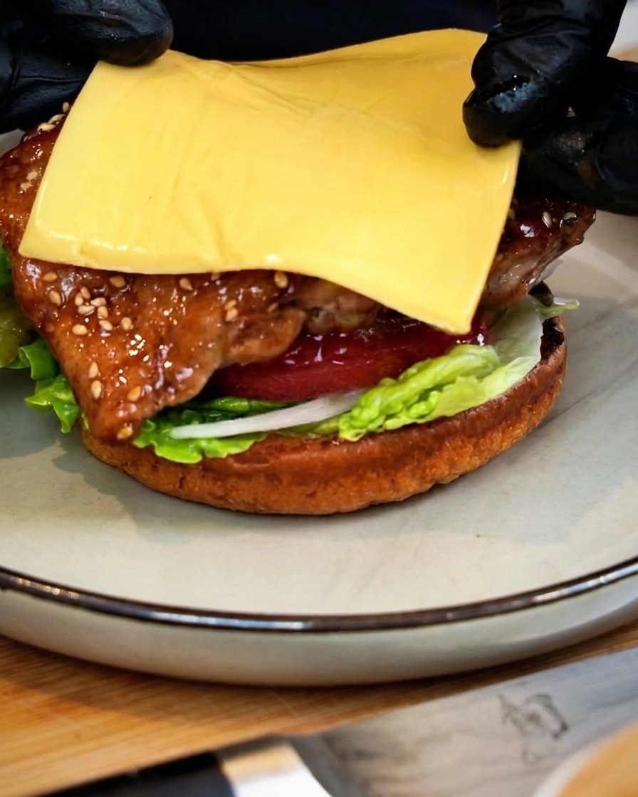 バーガーバンズの上の具材と照り焼きチキンの上に、黄色いスライスチーズが乗せられている様子。