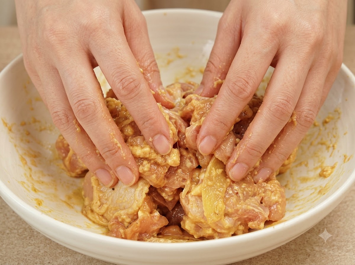 大きな白いボウルの中で、手が味付けされた鶏肉の切り身を揉み込んで混ぜ合わせている様子。