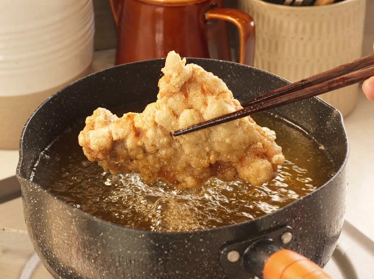 木製のお箸で、気泡が立っている油の鍋の上から大きくて黄金色のクリスピーなフライドチキンを持ち上げている様子。
